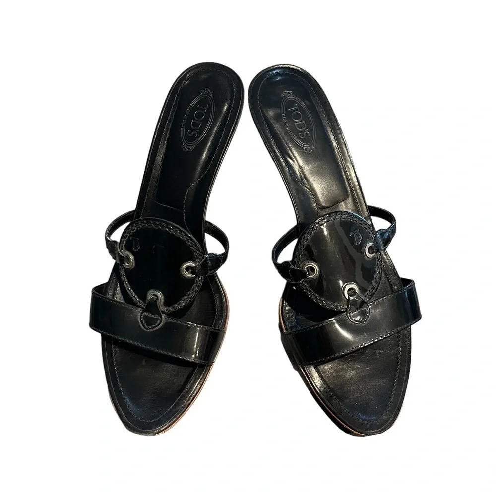 Tod’s Black Patent Leather Slide Sandals 9